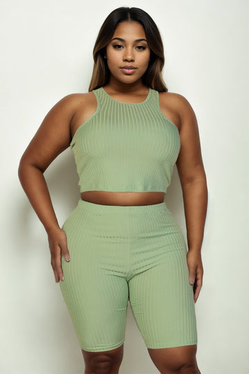 Plus Size Ribbed Cropped Tank Top and Biker Shorts Set - Capella Apparel