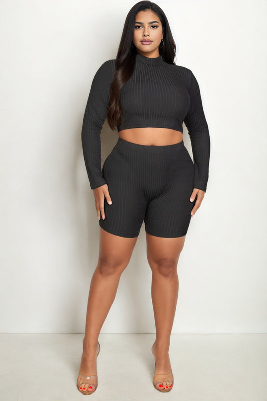 Plus Size Ribbed Mock Neck Crop Top & Shorts Set