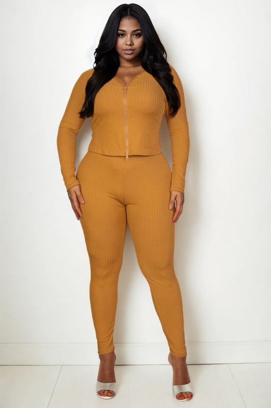 Plus Size Ribbed Zip Front Long Sleeve Top & Leggings Set - Capella Apparel Wholesale