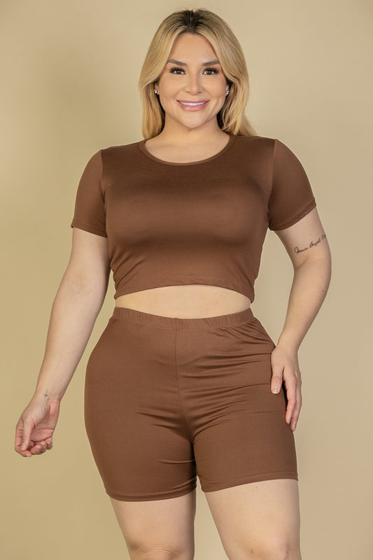 Plus Size Short Sleeve Crop Top & Shorts Set - Capella Apparel