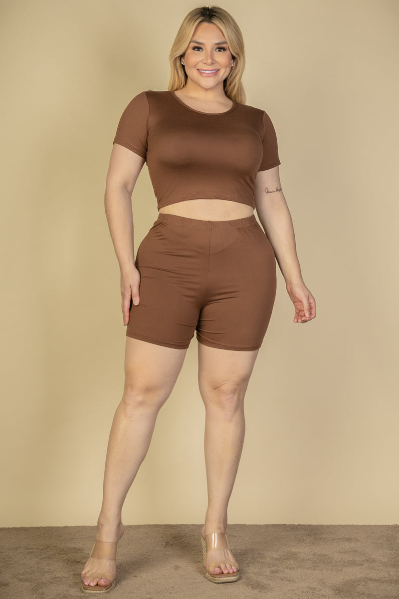 Plus Size Short Sleeve Crop Top & Shorts Set - Capella Apparel