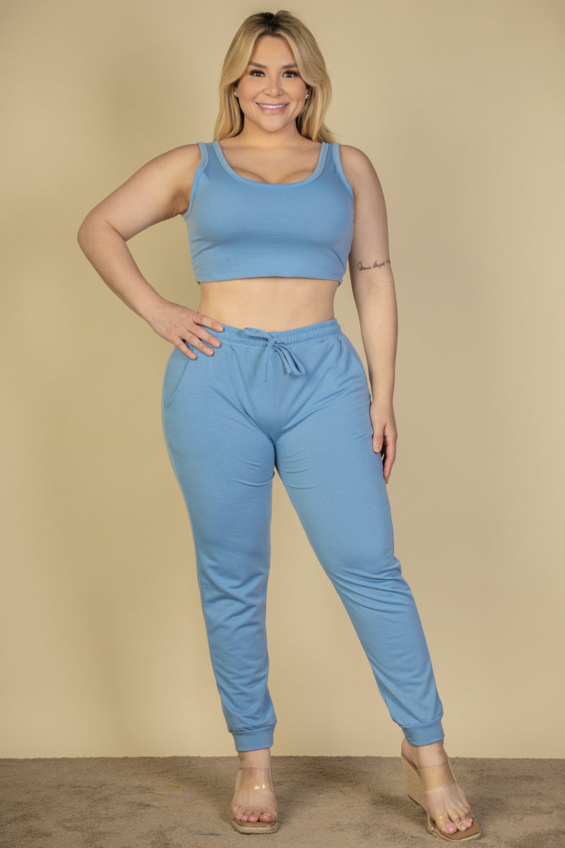 Plus Size French Terry Cropped Tank Top & Joggers Set - Capella Apparel