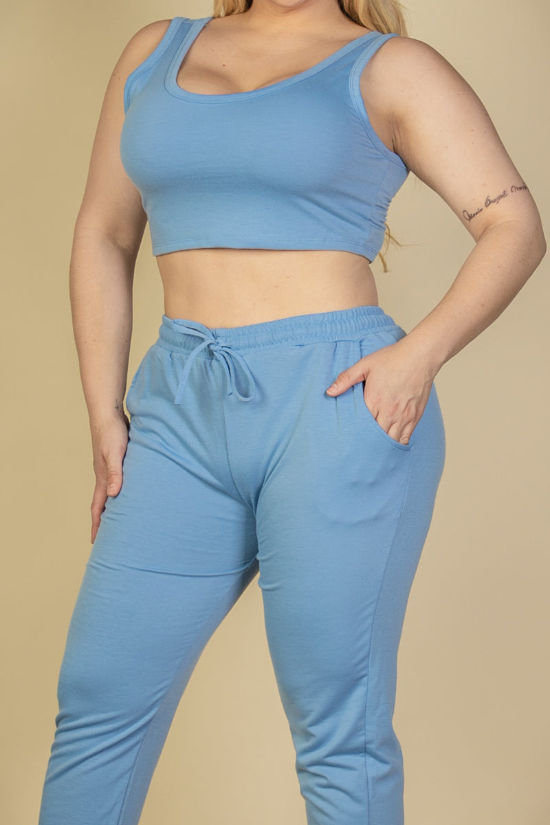 Plus Size French Terry Cropped Tank Top & Joggers Set - Capella Apparel