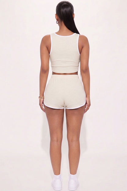 Casual French Terry Sleeveless Button Front Contrast Trim Cropped Tank Top and Shorts Set