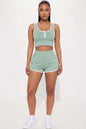 Casual French Terry Sleeveless Button Front Contrast Trim Cropped Tank Top and Shorts Set
