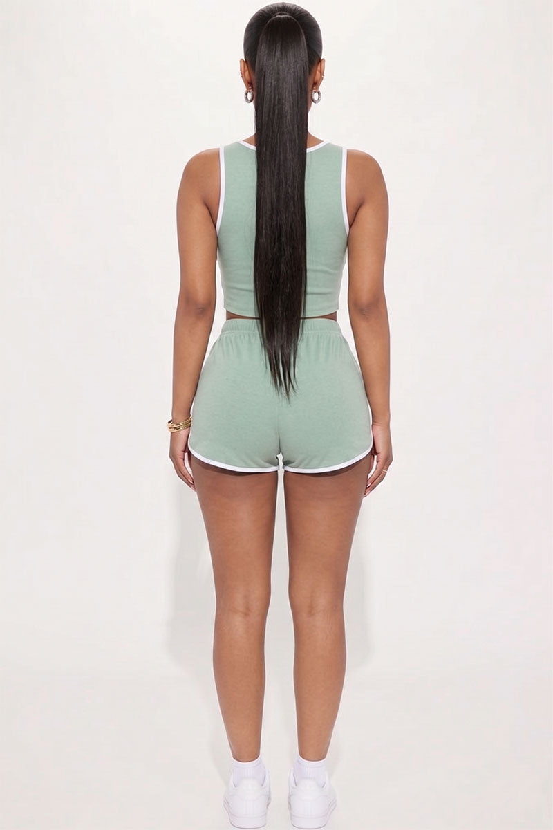 Casual French Terry Sleeveless Button Front Contrast Trim Cropped Tank Top and Shorts Set