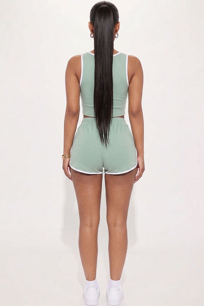 Casual French Terry Sleeveless Button Front Contrast Trim Cropped Tank Top and Shorts Set