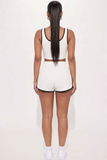 Casual French Terry Sleeveless Button Front Contrast Trim Cropped Tank Top and Shorts Set