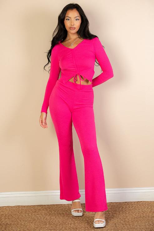 Ruched Drawstring Crop Shirt & Flare Pants Set - Capella Apparel