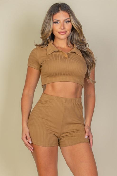 Ribbed Collared Short Sleeve Crop Top & Shorts Set - Capella Apparel