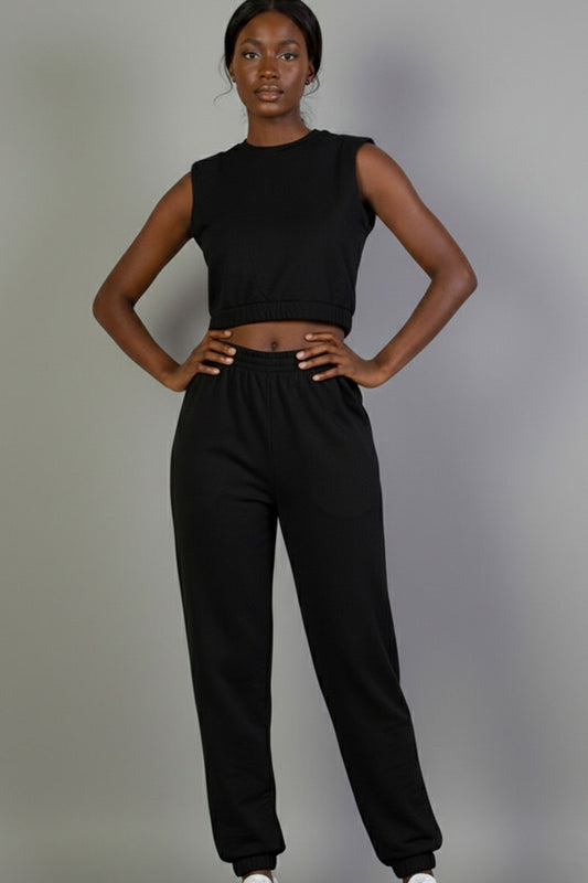 Conjunto de pantalón de chándal y camiseta sin mangas de felpa francesa con cintura elástica