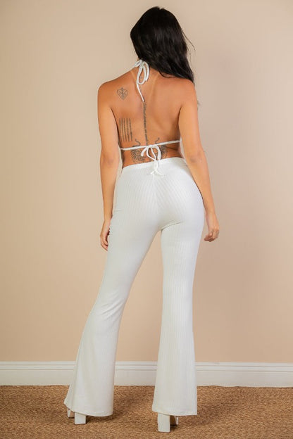 Split Front Backless Halter Top & Flare Pants Set - Capella Apparel