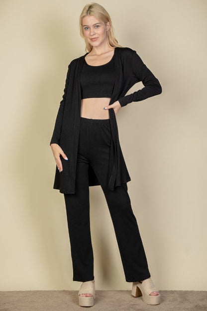 Three Piece Set Cardigan, Crop Tank Top and Pants Set - Capella Apparel