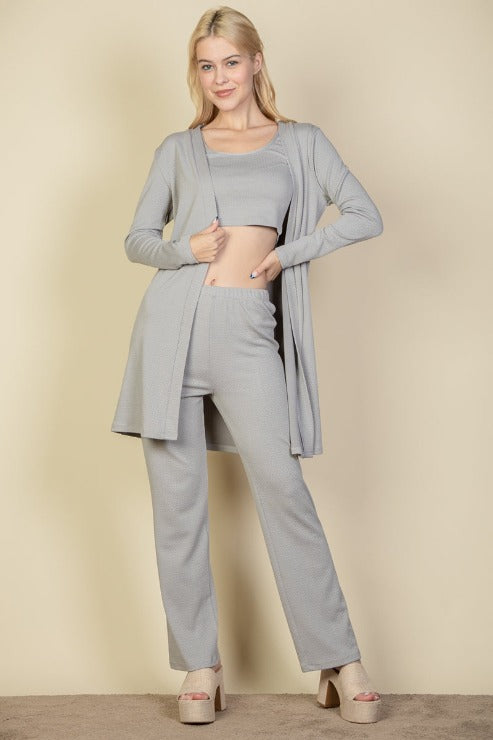 Three Piece Set Cardigan, Crop Tank Top and Pants Set - Capella Apparel