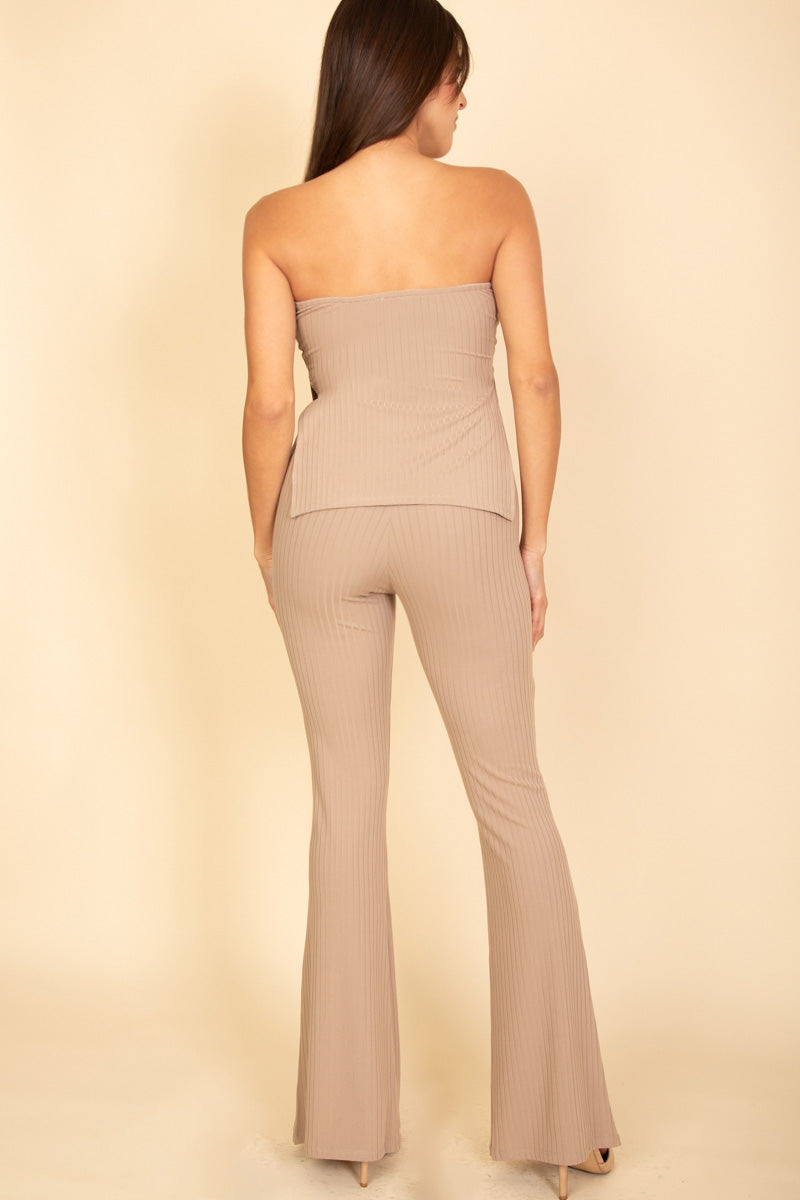 Ribbed Side Slit Bandeau Top & Flare Pants Set (CAPELLA)