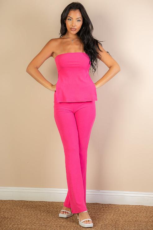 Ribbed Side Slit Bandeau Top & Flare Pants Set - Capella Apparel