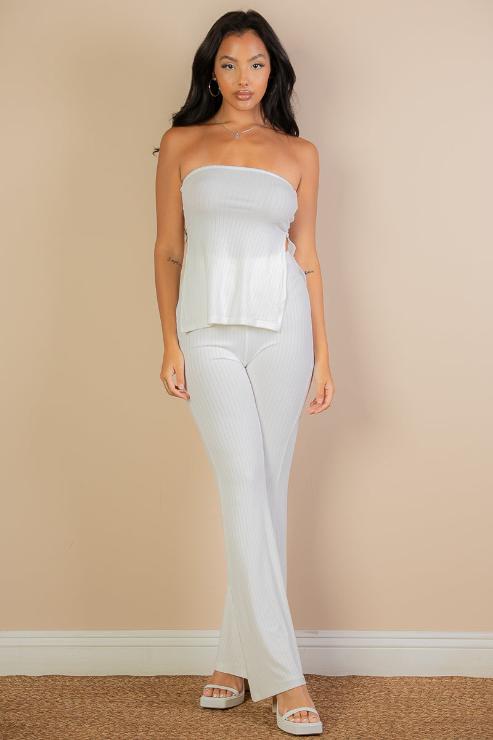 Ribbed Side Slit Bandeau Top & Flare Pants Set - Capella Apparel