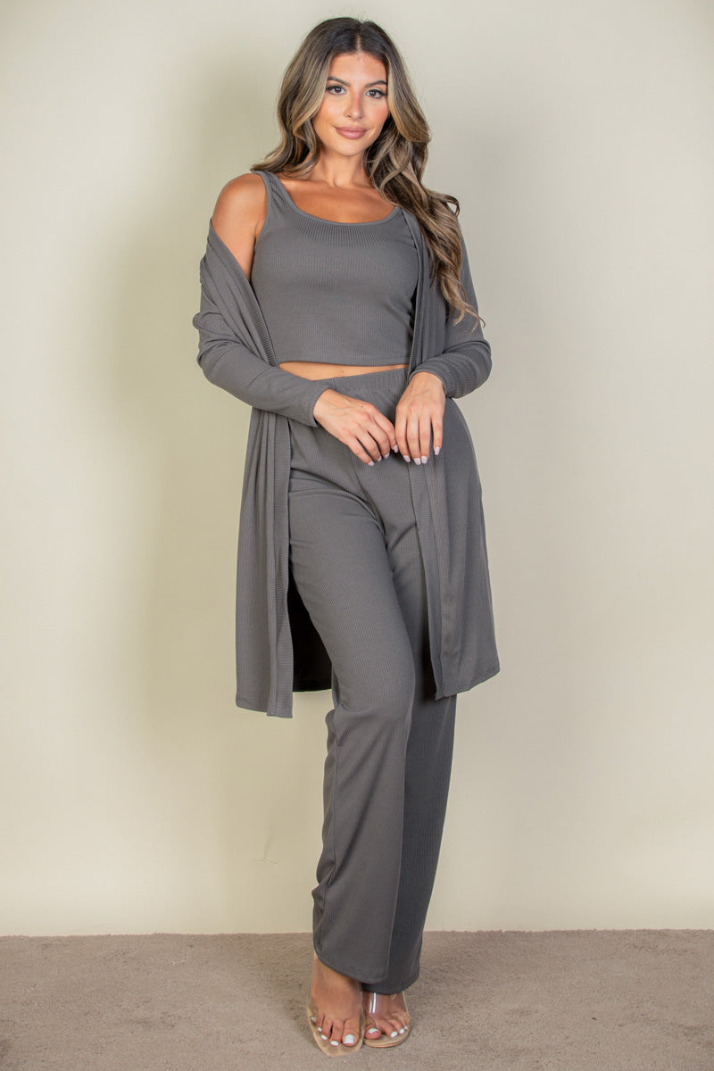 Flat Back Rib 3 Pieces Cami Top with Pants and Long Cardigan Set - Capella Apparel