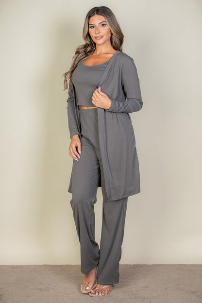 Flat Back Rib 3 Pieces Cami Top with Pants and Long Cardigan Set - Capella Apparel