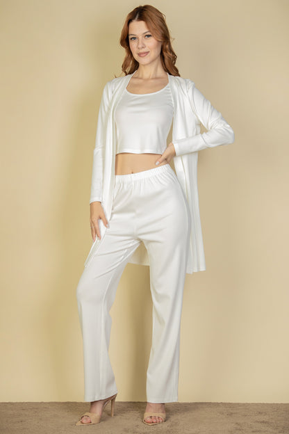 Flat Back Rib 3 Pieces Cami Top with Pants and Long Cardigan Set - Capella Apparel