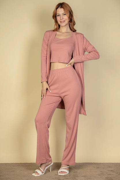 Flat Back Rib 3 Pieces Cami Top with Pants and Long Cardigan Set - Capella Apparel