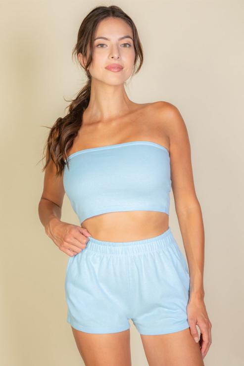 Simple Solid Color Tube Top And Shorts Two Piece Set (CAPELLA)