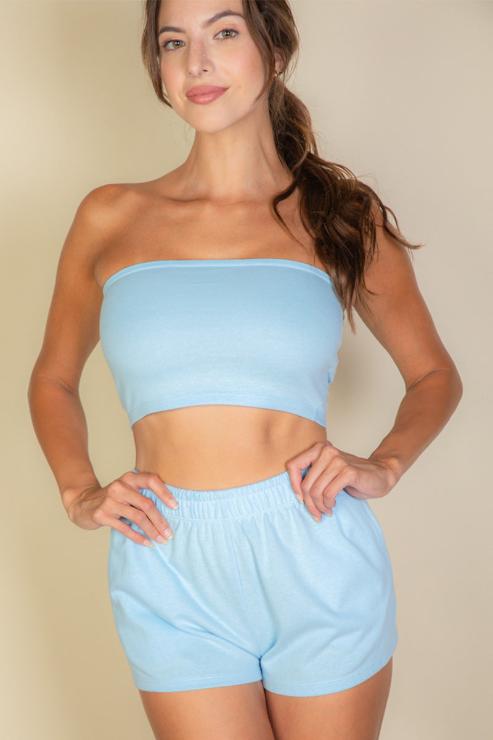 Simple Solid Color Tube Top And Shorts Two Piece Set