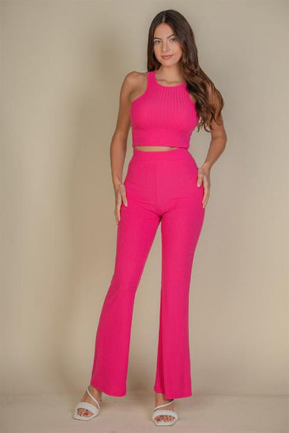 Ribbed Cropped Top and Bootcut Pants Sets