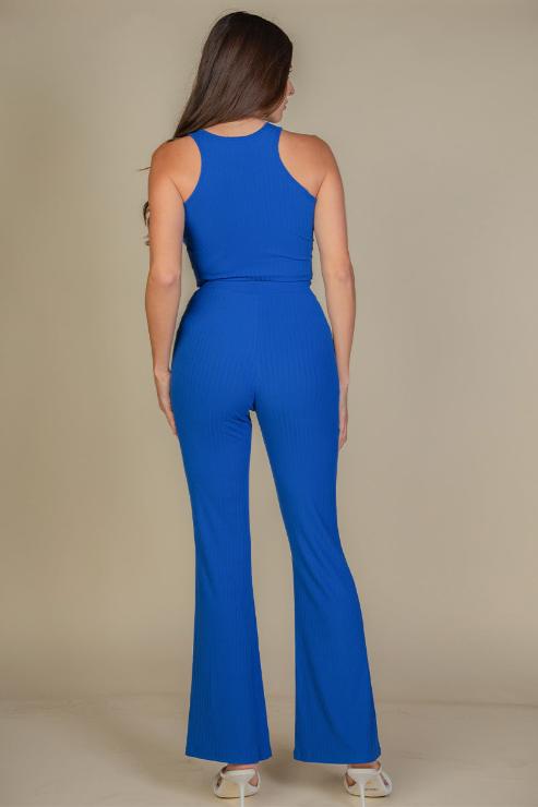 Ribbed Cropped Top and Bootcut Pants Sets