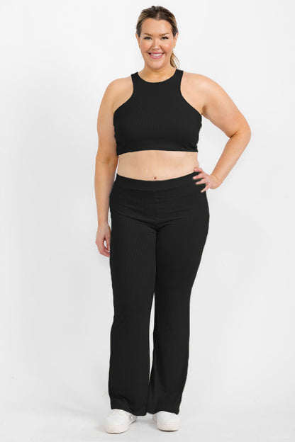 Plus Ribbed Cropped Top and Bootcut Pants Sets