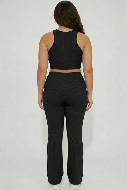 Plus Ribbed Cropped Top and Bootcut Pants Sets