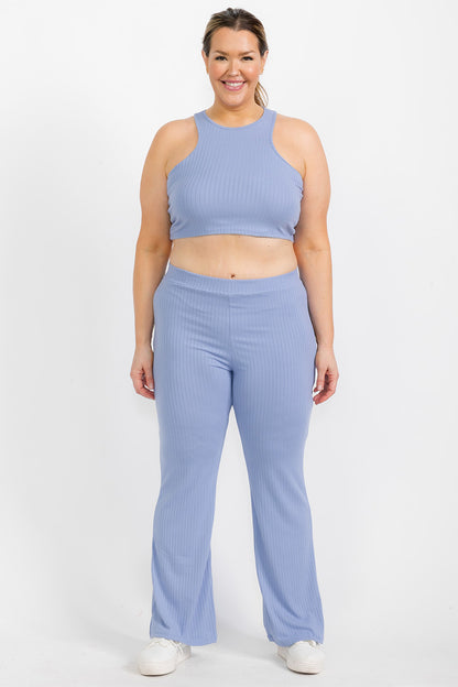 Plus Ribbed Cropped Top and Bootcut Pants Sets