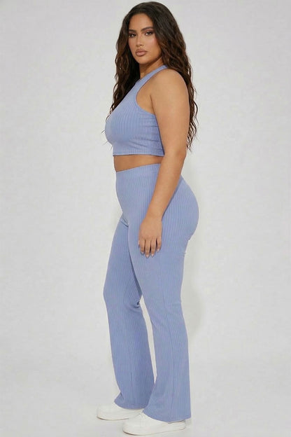 Plus Ribbed Cropped Top and Bootcut Pants Sets