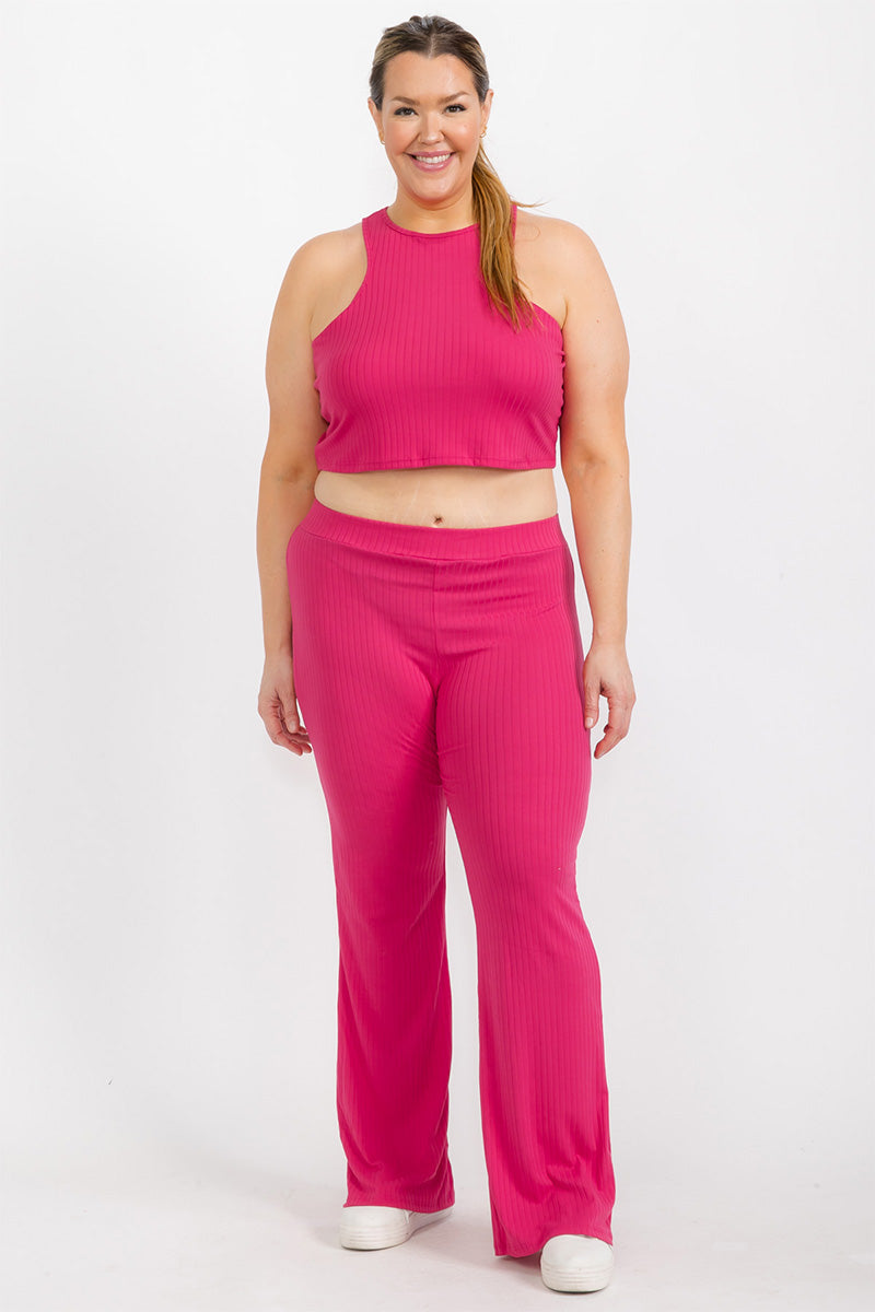 Plus Ribbed Cropped Top and Bootcut Pants Sets