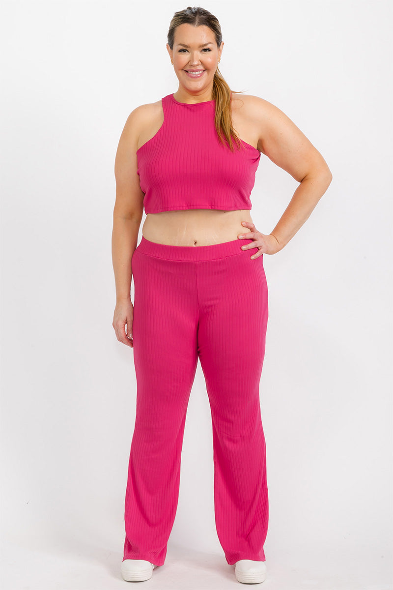 Plus Ribbed Cropped Top and Bootcut Pants Sets