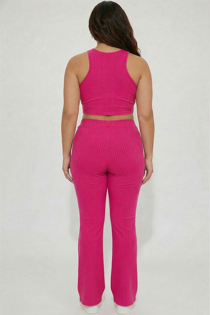 Plus Ribbed Cropped Top and Bootcut Pants Sets