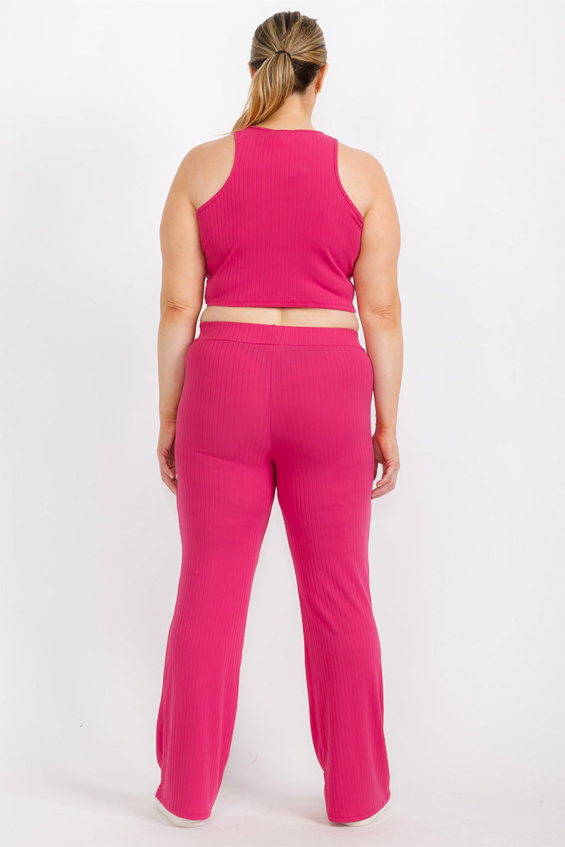 Plus Ribbed Cropped Top and Bootcut Pants Sets