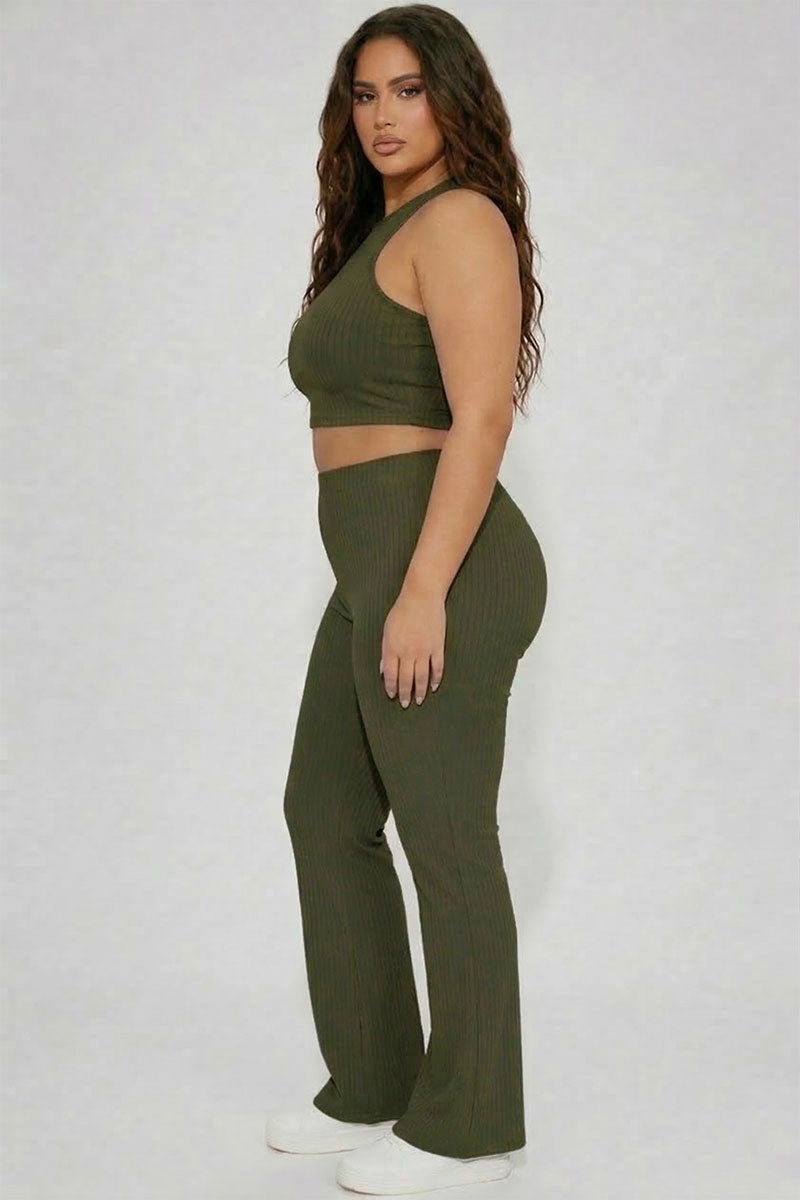 Plus Ribbed Cropped Top and Bootcut Pants Sets