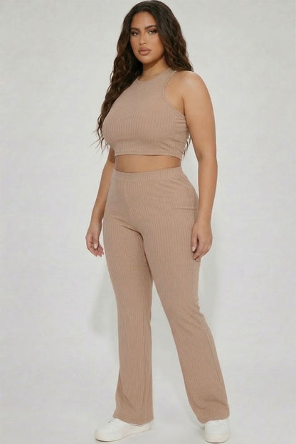 Plus Ribbed Cropped Top and Bootcut Pants Sets