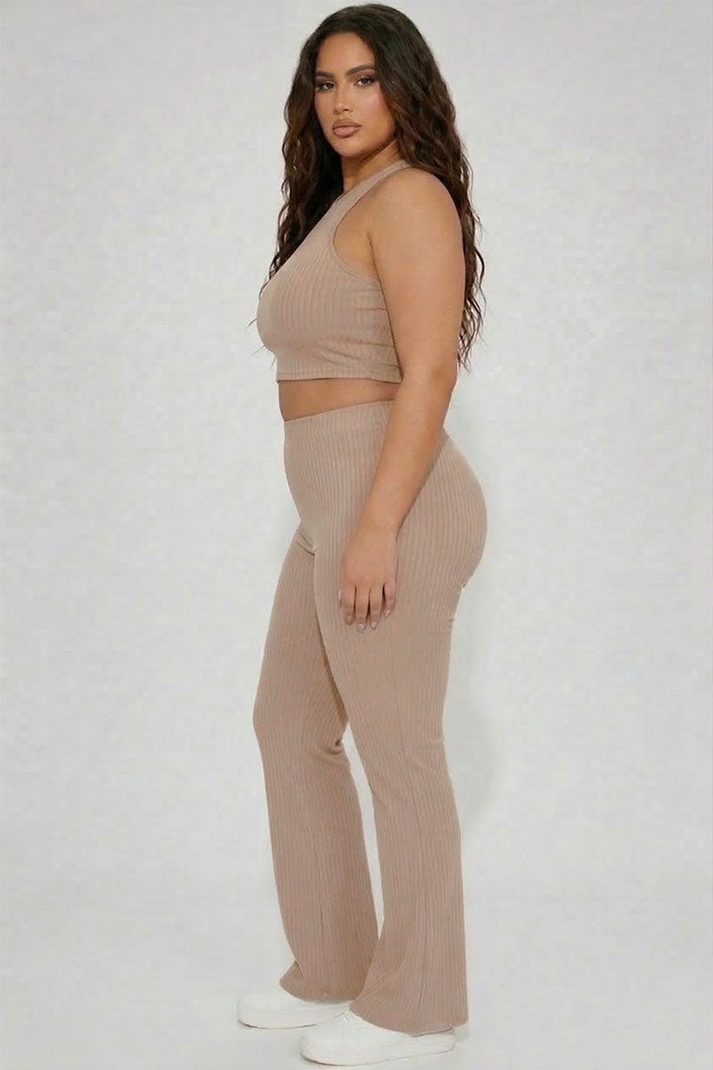 Plus Ribbed Cropped Top and Bootcut Pants Sets