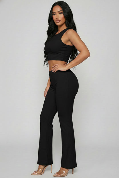 Ribbed Sleeveless Crop Top & Flared Pants Set
