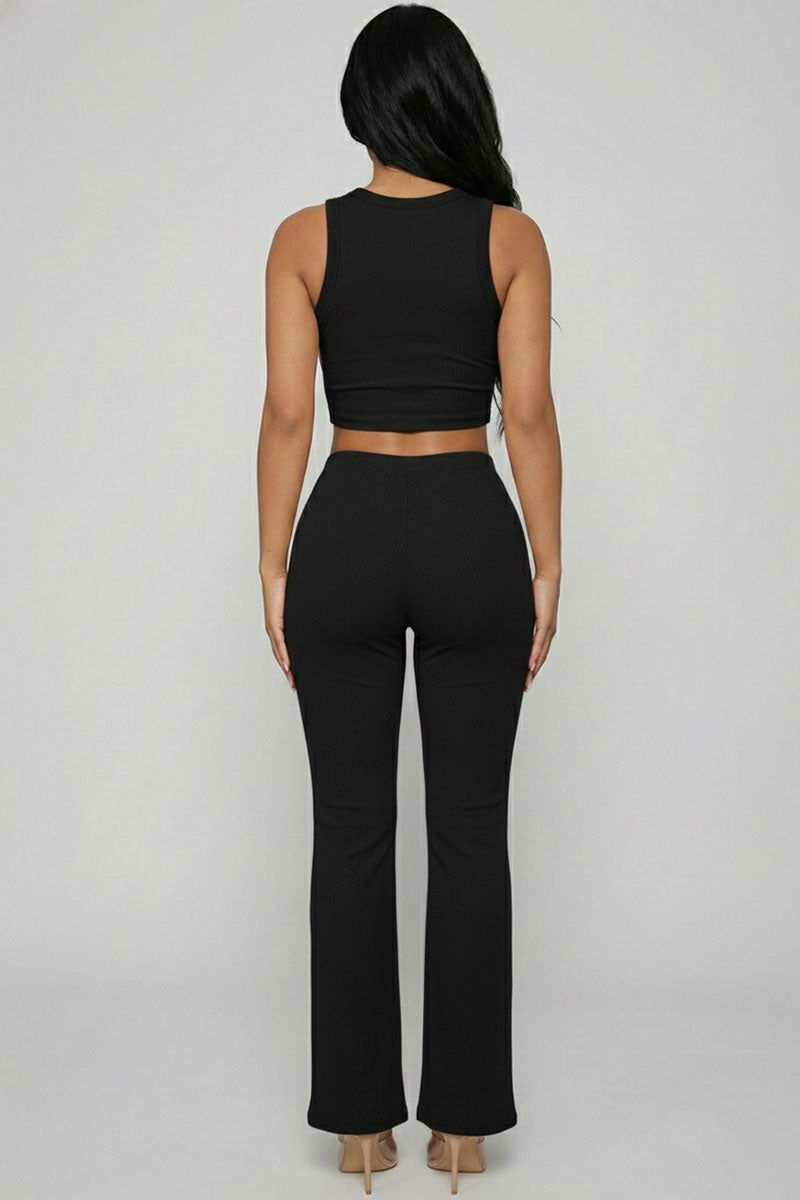 Ribbed Sleeveless Crop Top & Flared Pants Set