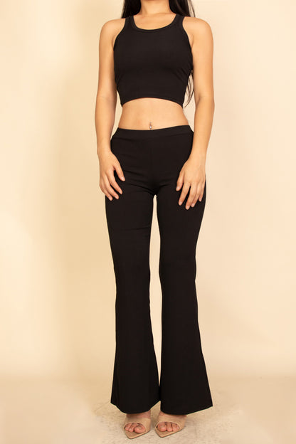 Ribbed Sleeveless Crop Top & Flared Pants Set