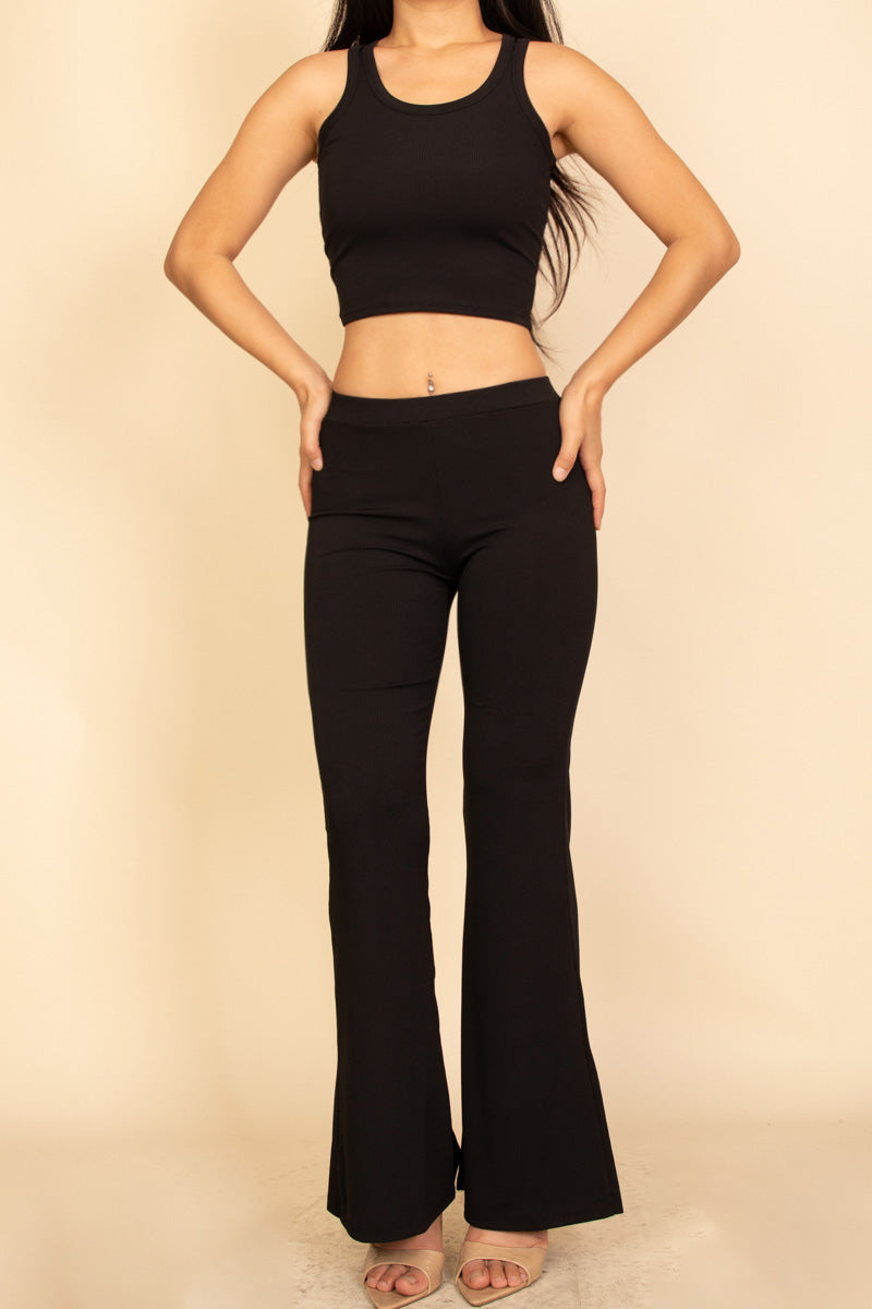 Ribbed Sleeveless Crop Top & Flared Pants Set