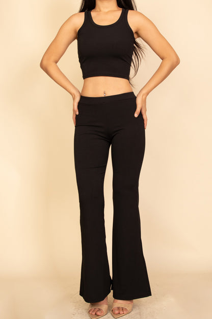 Ribbed Sleeveless Crop Top & Flared Pants Set