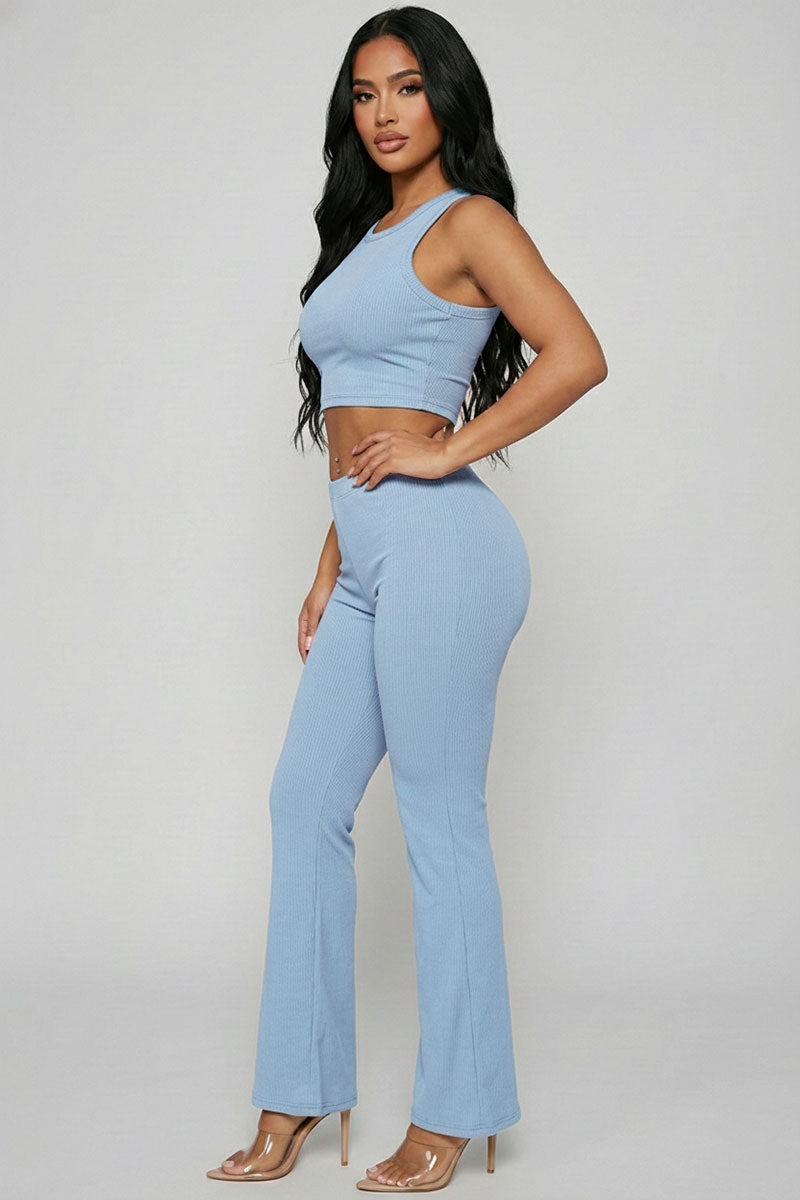 Ribbed Sleeveless Crop Top & Flared Pants Set
