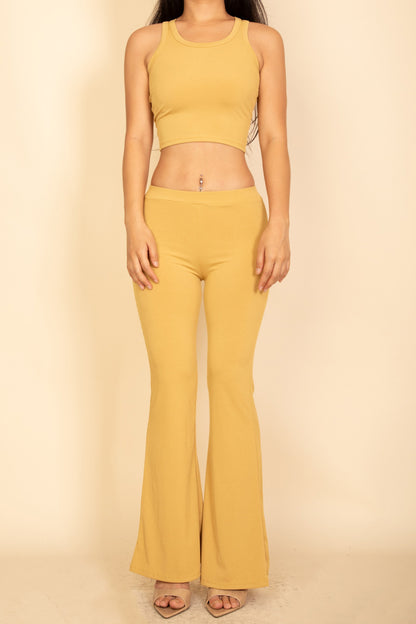 Ribbed Sleeveless Crop Top & Flared Pants Set