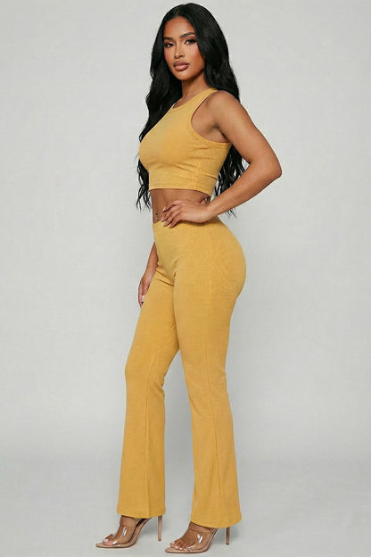 Ribbed Sleeveless Crop Top & Flared Pants Set