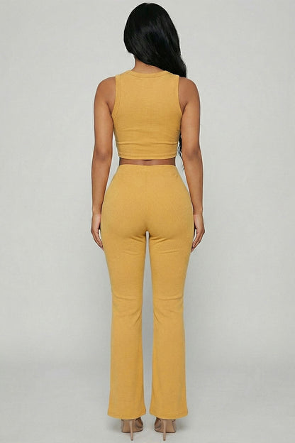 Ribbed Sleeveless Crop Top & Flared Pants Set