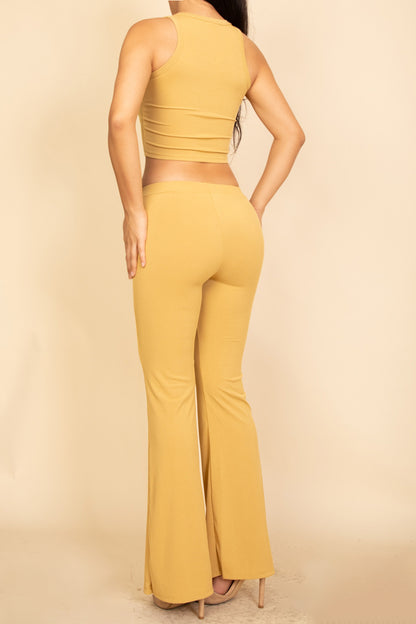 Ribbed Sleeveless Crop Top & Flared Pants Set